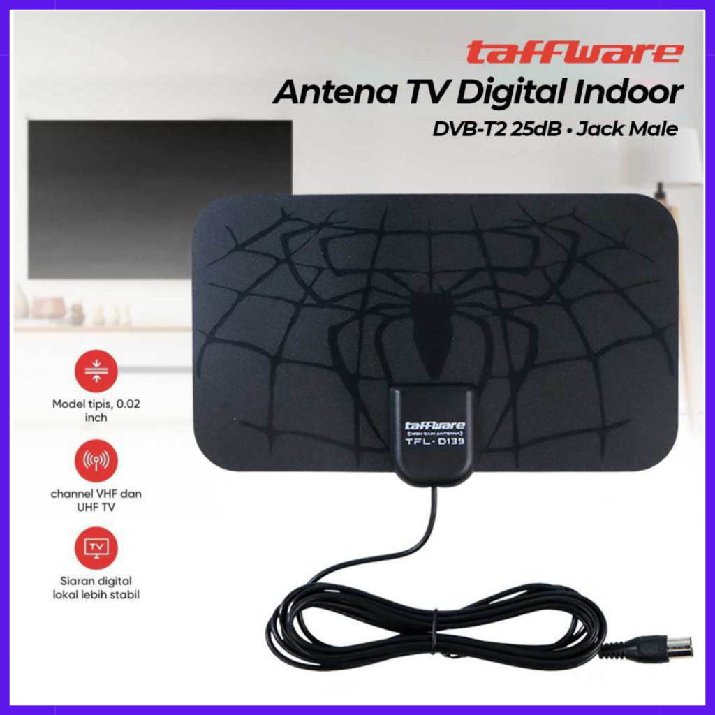 SILVIA ATENA STORE-Antena TV Digital Indoor DVB-T2 25dB Spider Jack Male Plug - TFL-D139 Taffware-CO