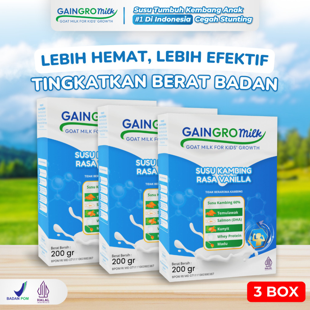 

GAINGRO MILK SUSU KAMBING RASA VANILLA PAKET 3 BOX Penambah Berat Badan Anak GainGro Milk Shop