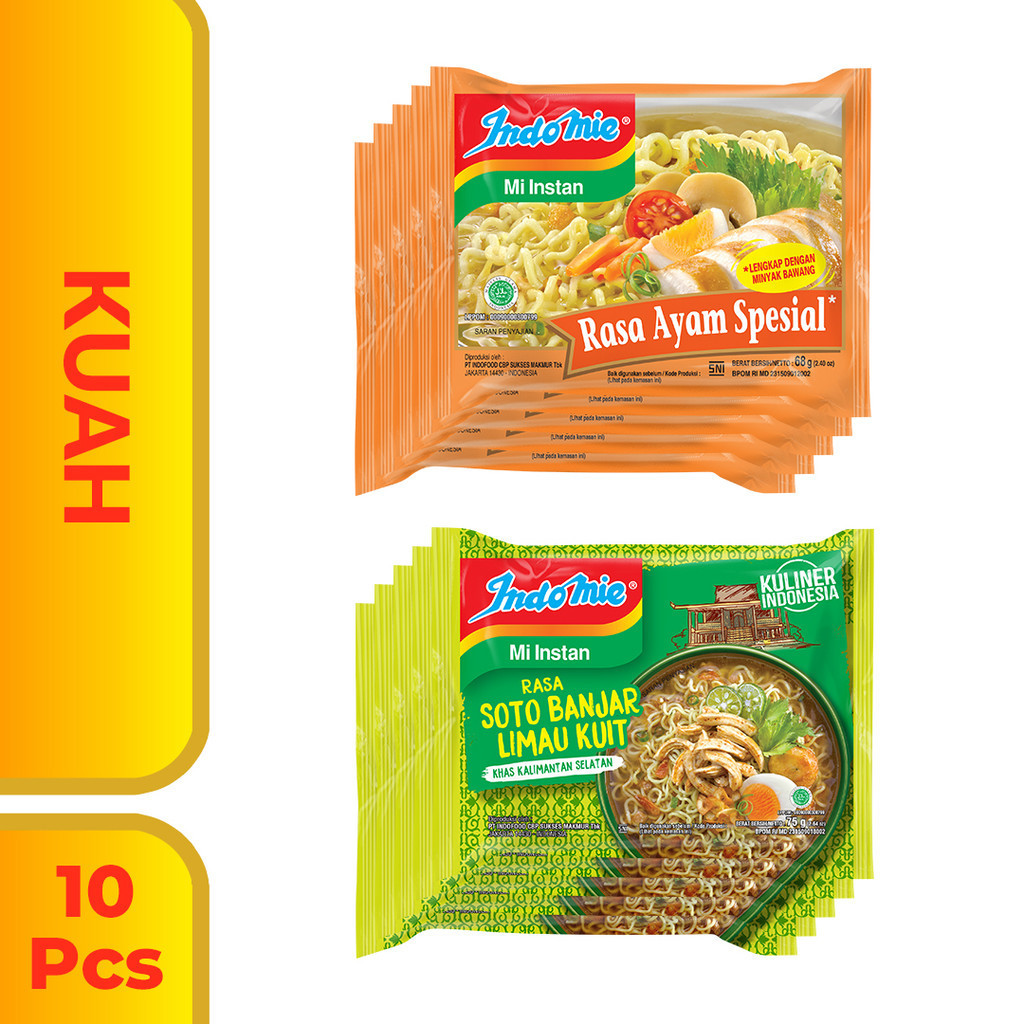 

10 Pcs Indomie Bundle Soup - Ayam Spesial 68 Gr & Soto Banjar Limau Kuit 75 Gr