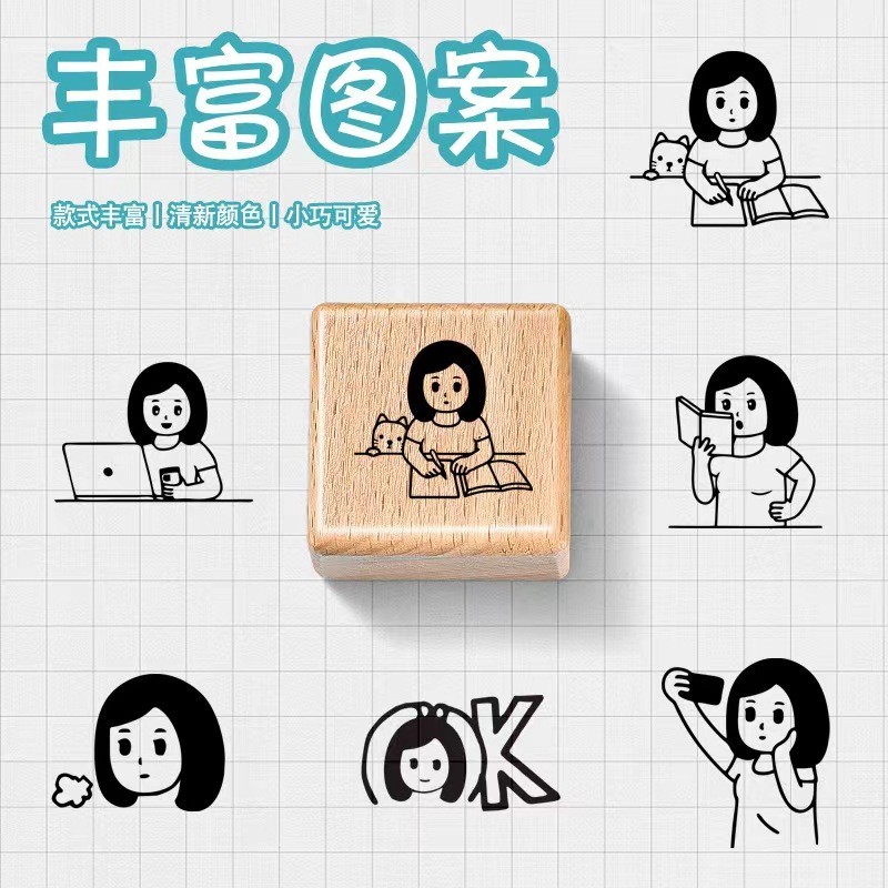 

No money for coffee, digital handbook seal, calm little girl working, studying, reading, character rubber stamp for schedule