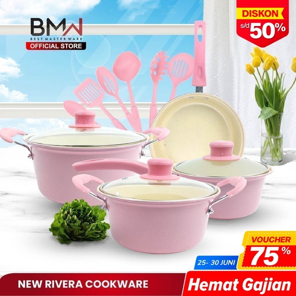 Panci Set Warna Frypan Saucepan Cookware Set Free Spatula 13pcs