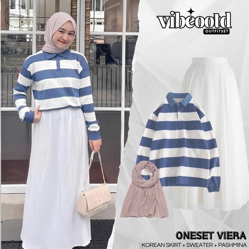 Viera  Outfit Set Wanita Hijab ( Bawahan Rok Joda Payung A-Line Panjang + Atasan Sweater Rajut Strip