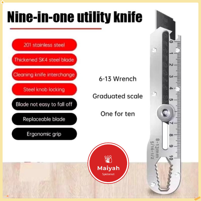 

Cutter Besi Premium Stainless Steel 9in1 cuter Pisau15mm Pemotong Serbaguna Anti Karat Pembuka Tutup Botol baut skrup Penggaris 10 CM Ukur Wrench EDC Kater Tajam isi Refill Pisau Cutter isi 10 Pcs 18mm Kunci Pas 6 8 9 10 11 12 13 SD-180 Shang Te ST