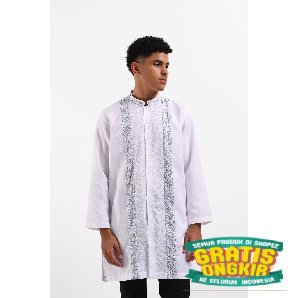 MANZONE Gamis Pria Lengan Panjang  GHIBRAN - WHITE/ Hijau sage lumut army ijo