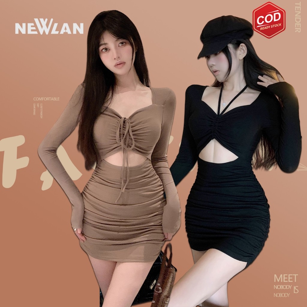 Newlan QZ198 One Set Tube Crop Top + Side Drawstring Mini Skirt Bodycon Dress Serut Lengan Panjang W
