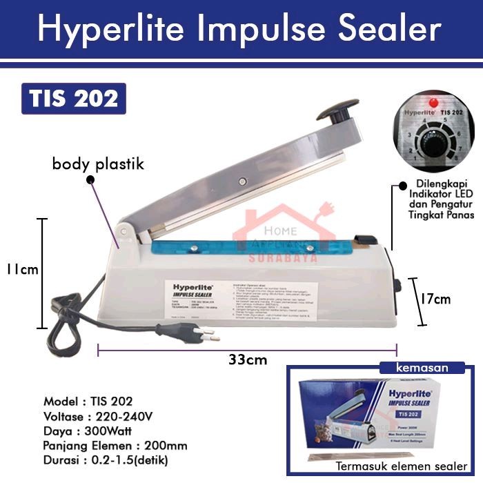 

Alat untuk Pres plastik Impulse sealer Hyperlite TIS 202 Perekat Plastik