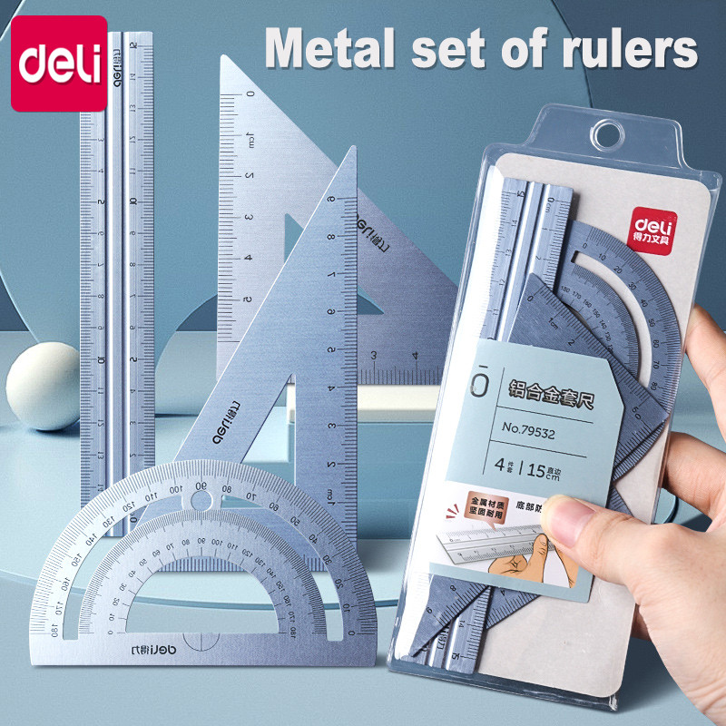 

Deli Metal Ruler School Drawing Measuring Triangle Ruler for Kids Learning Angle Straight Ruler Set Office Accessories Supplies