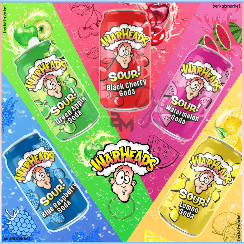 

Warheads Sour Soda 355ml Minuman Asam Berkarbonat Rasa Buah Apel Lemon Semangka Cherry Raspberry1 Kaleng