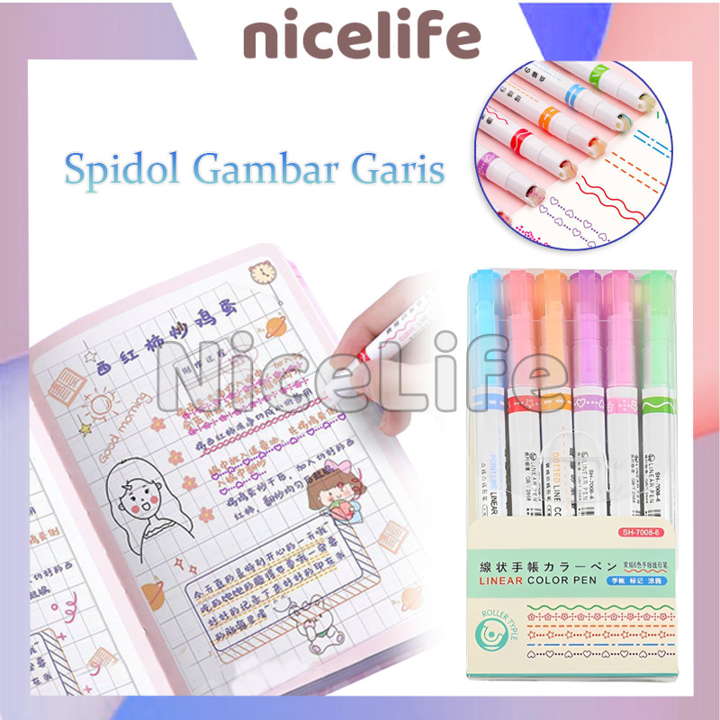 

6Pcs Pulpen / Spidol Garis Aesthetic Warna Warni / Spidol Garis Line Marker Alat Tulis Kantor / Pattern Color Pen