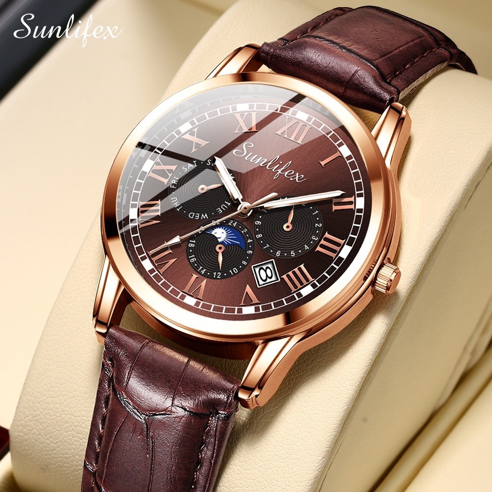 PRODUK TERBARU # Sunlifex Jam Tangan Pria 7003 Kalender Kuarsa Santai Bisnis Tali Kulit Jam Tangan C