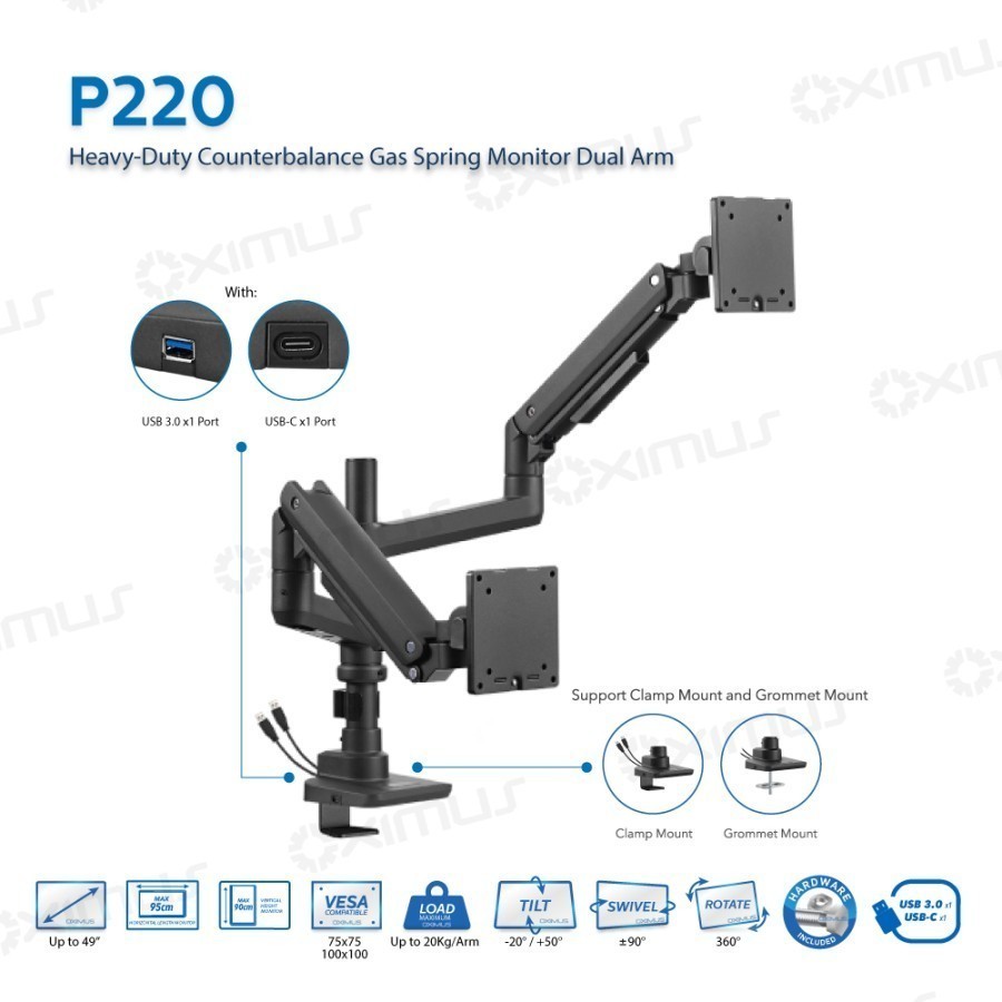 Bracket Monitor OXIMUS P220 Heavy-Duty Gas Spring Monitor Dual Arm