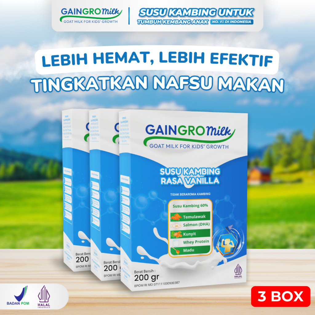 

GAINGRO MILK RASA VANILLA (PAKET 3 BOX) Susu Kambing Penambah Nafsu Makan Anak GainGro Milk Shop