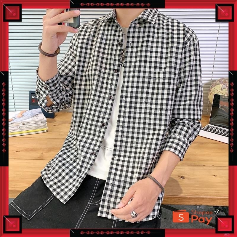 KAIN ADEM LEMBUT HALUS TEBAL / Kemeja Import Pria Kotak Lengan Panjang Blackwhite Merahhitem 1cm Uni