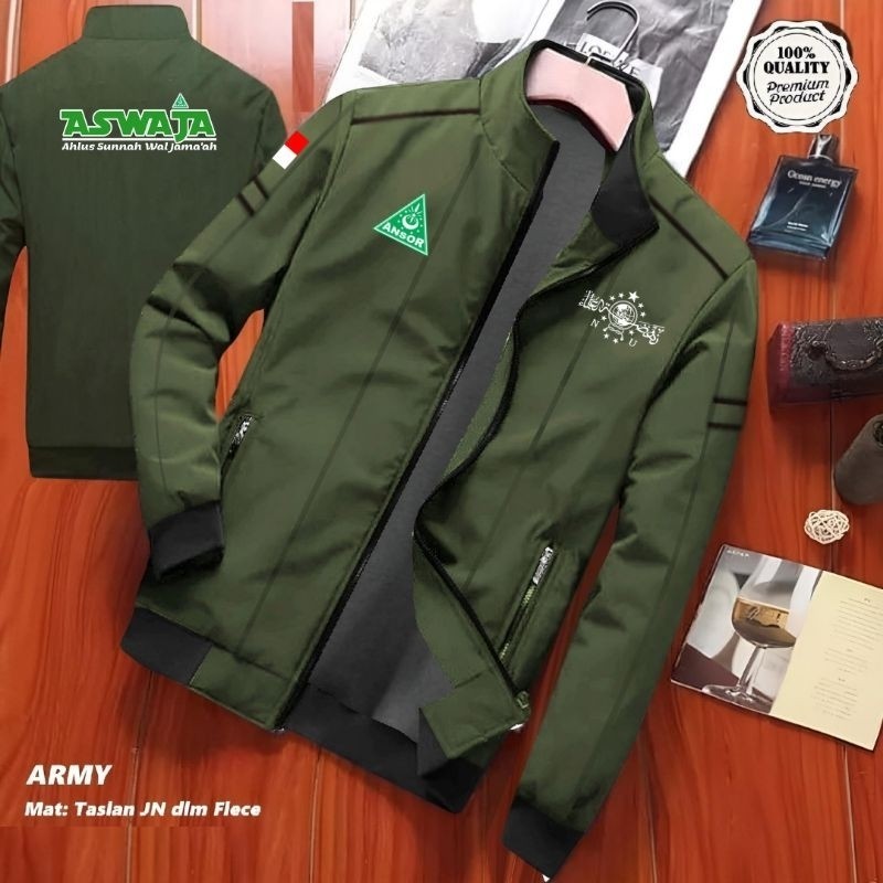 JAKET NU ASWAJA NAHDLATUL ULAMA ANSOR BOLAK BALIK FULL FURING SABLON TERBARU