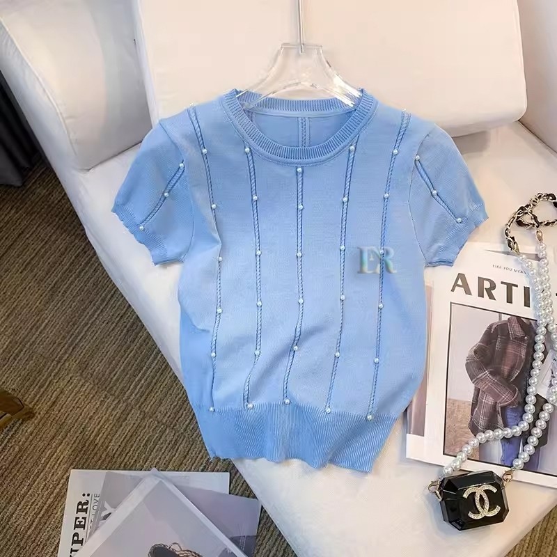 Baju Atasan Kasual Wanita Remaja Dewasa Full Mutiara Lengan Pendek Bahan Rajut Premium Import Blouse