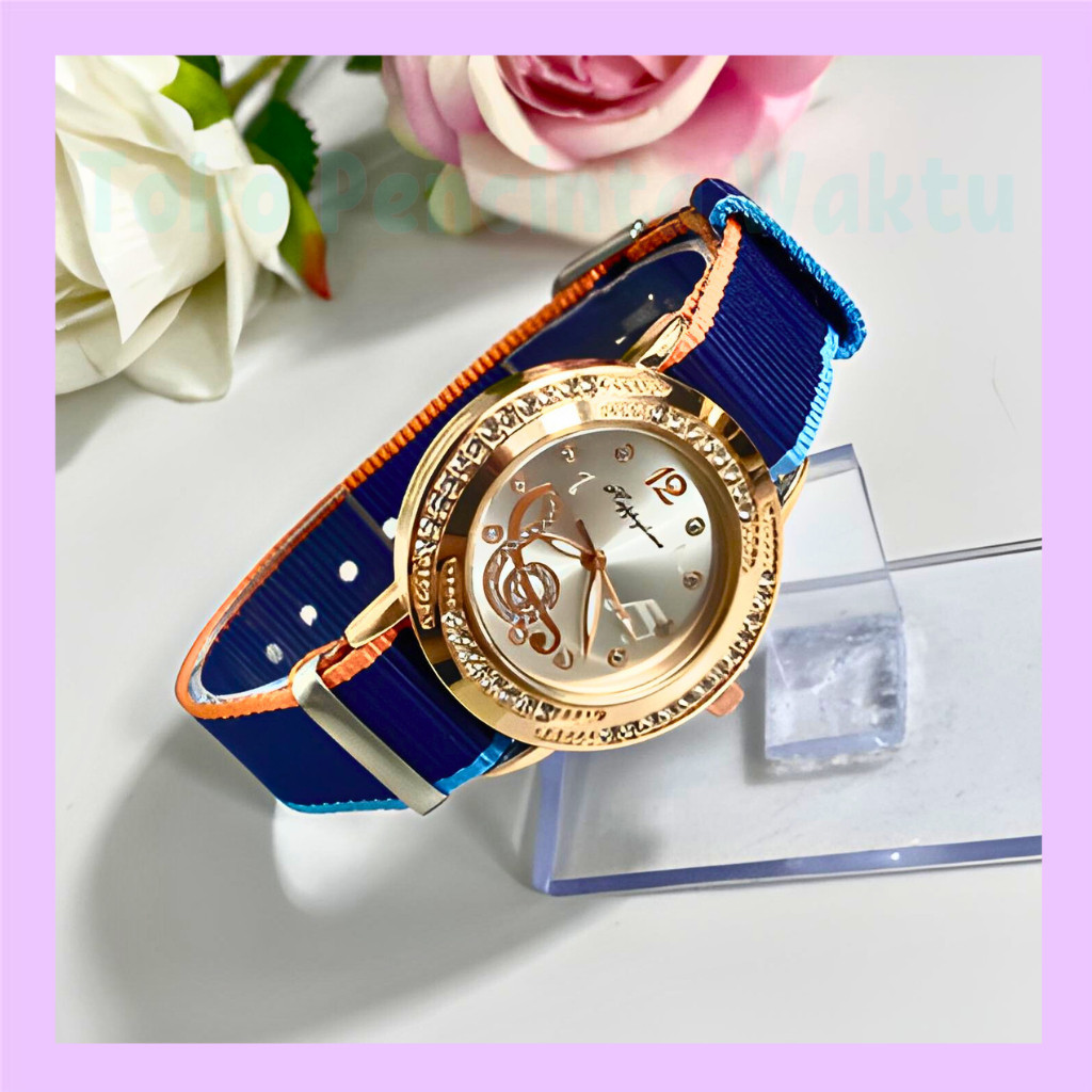 （ Bisa COD ）Cantik Jam Tangan Fashion Wanita - Model Terbaru dengan Tali Kanvas, Bingkai Emas Mawar 