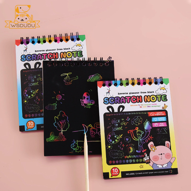 

3PCS Scratch Books 30 Sheets Painting Kit DIY Magic Rainbow Paper Drawing Toy with Wooden Pen Play Game Card Craft Children Gift