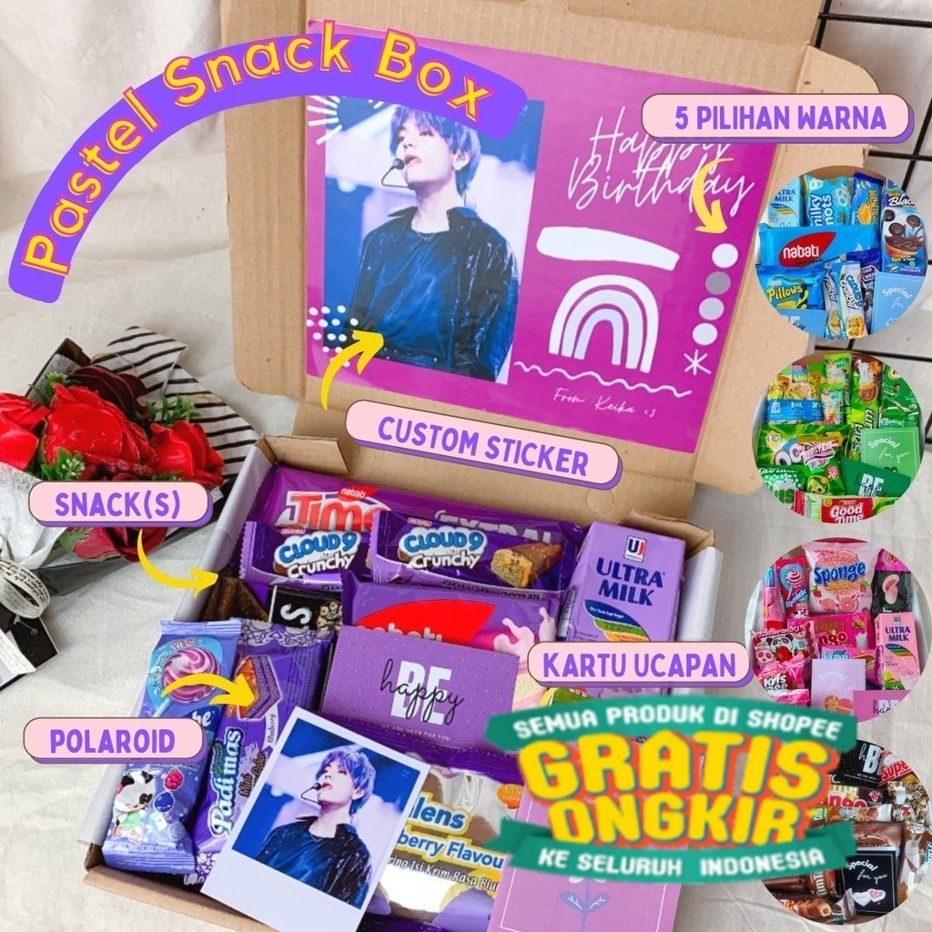 

Pastel Snack Box | Kado jajan hampers Snackbox Hadiah Wisuda Ultah Cewek Gift Pink Ungu Hijau Biru kado valentine hampers valentine/ hitam putih pink polos