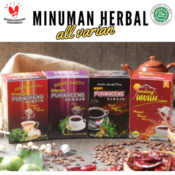 

Minuman Sehat Herbal Purwaceng Albain 1 Box 5 Gingseng/ Kopi/ Jaheros Khas Dieng Wonosobo