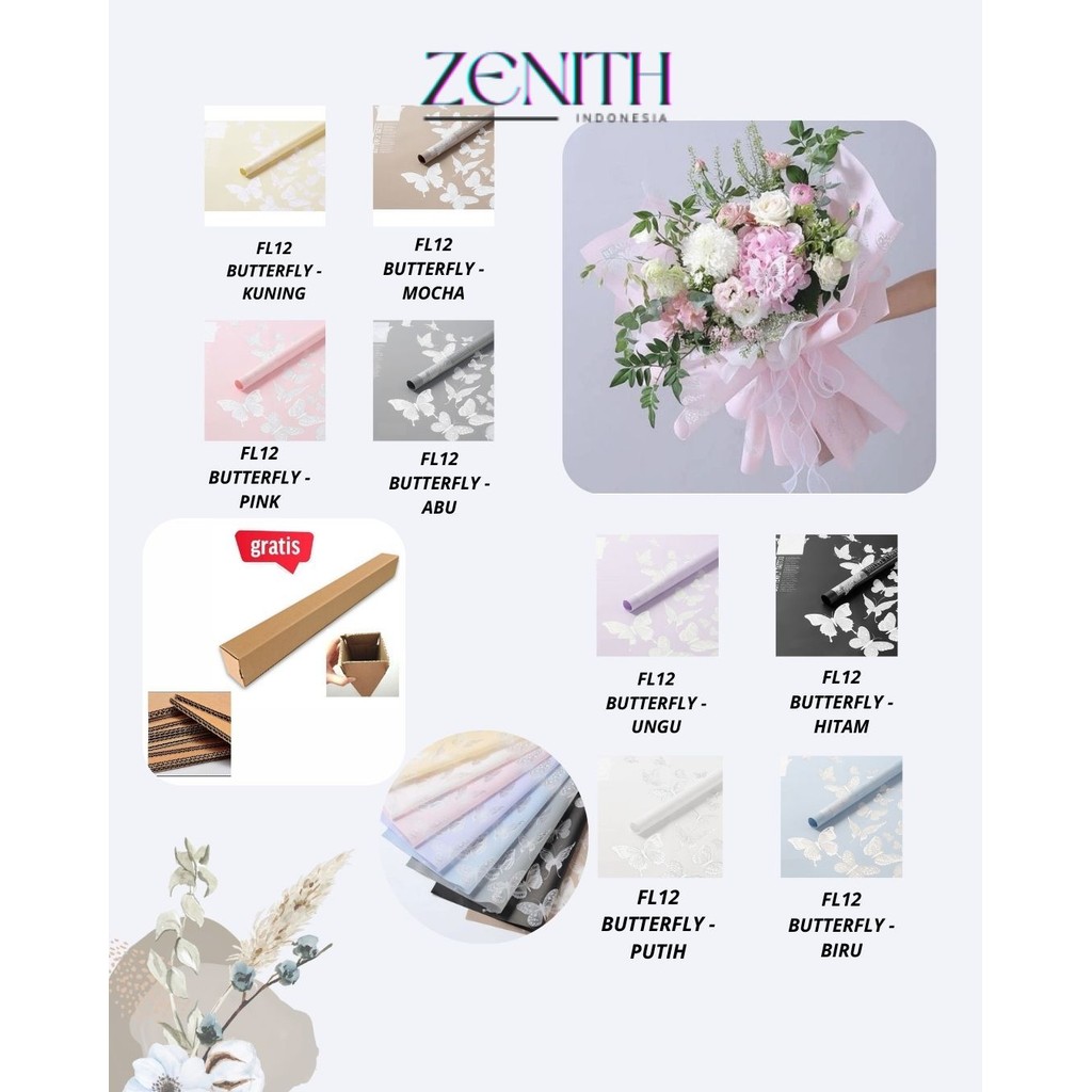 

Zenith - (5 LEMBAR) - FL12 BUTTERFLY DANCE Kertas Bunga Paper Buket Motif Kupu-kupu Modern Florist Cellophane