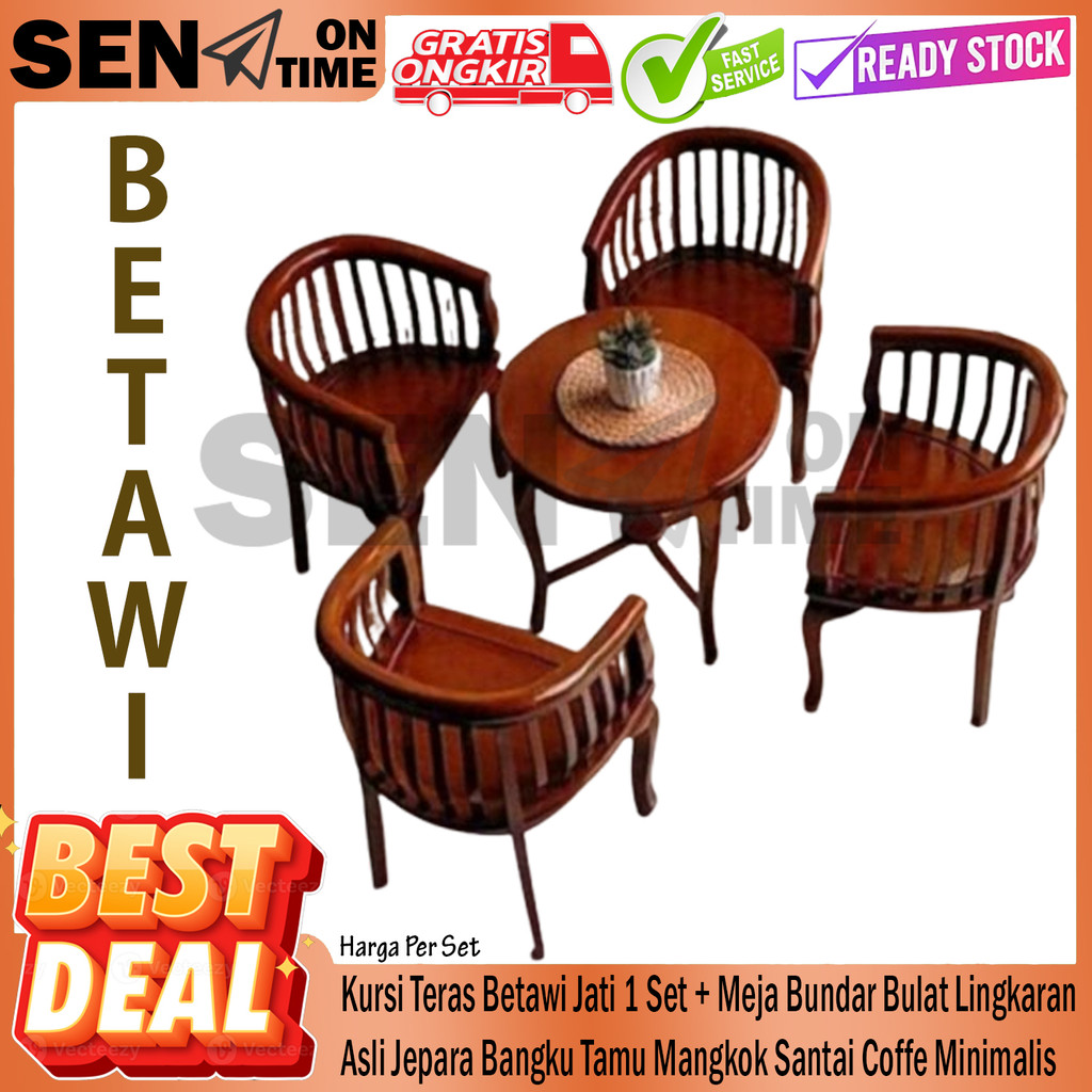 Kursi Teras Betawi Jati Asli Jepara 1 Set + Meja Bundar Bulat Lingkaran Bangku Tamu Mangkok Santai C