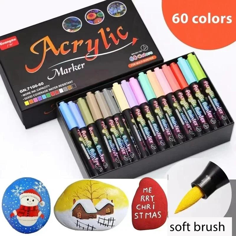 

60 Colors Acrylic Paint Pens Markers Permanent Markers for Rock Painting Glass Ceramic Fabric Wood Metal Brush Tip Art Supplies