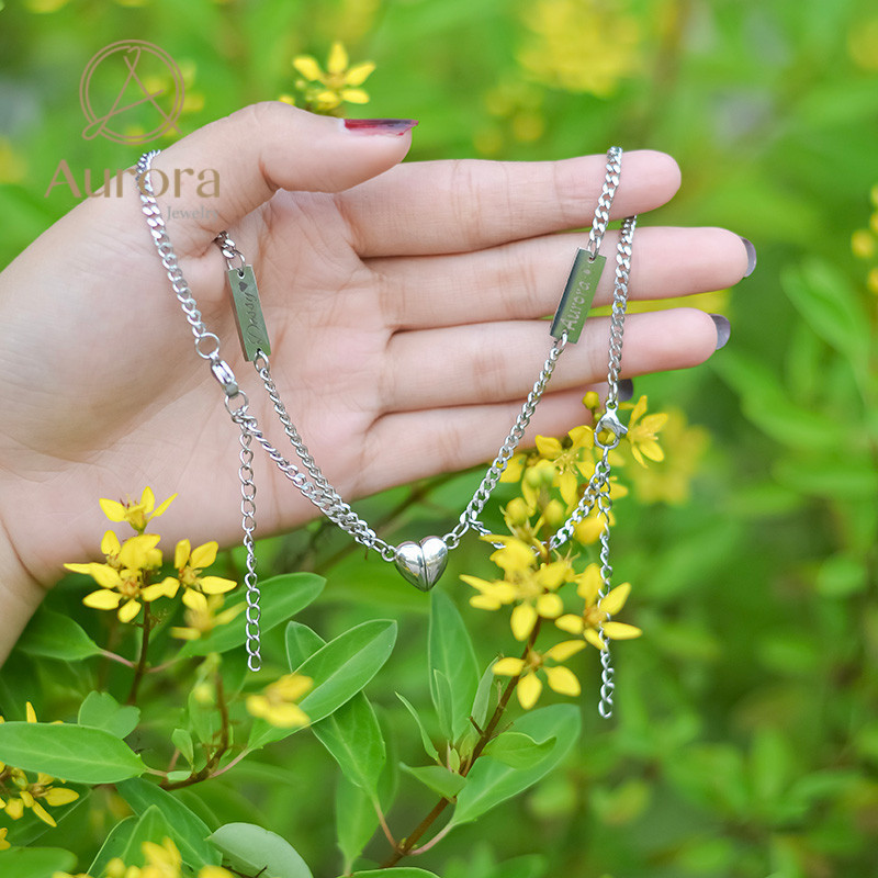 AuroraGelang Couple Titanium Magnet Kuat Liontin Hati Menyatu Bisa Ukir Nama Anti Karat Cod Garansi