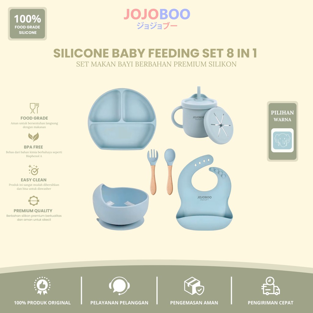 JOJOBOO - 8 in 1 Peralatan Makan Bayi Blue Set Silicon Suction FoodGrade Baby Feeding