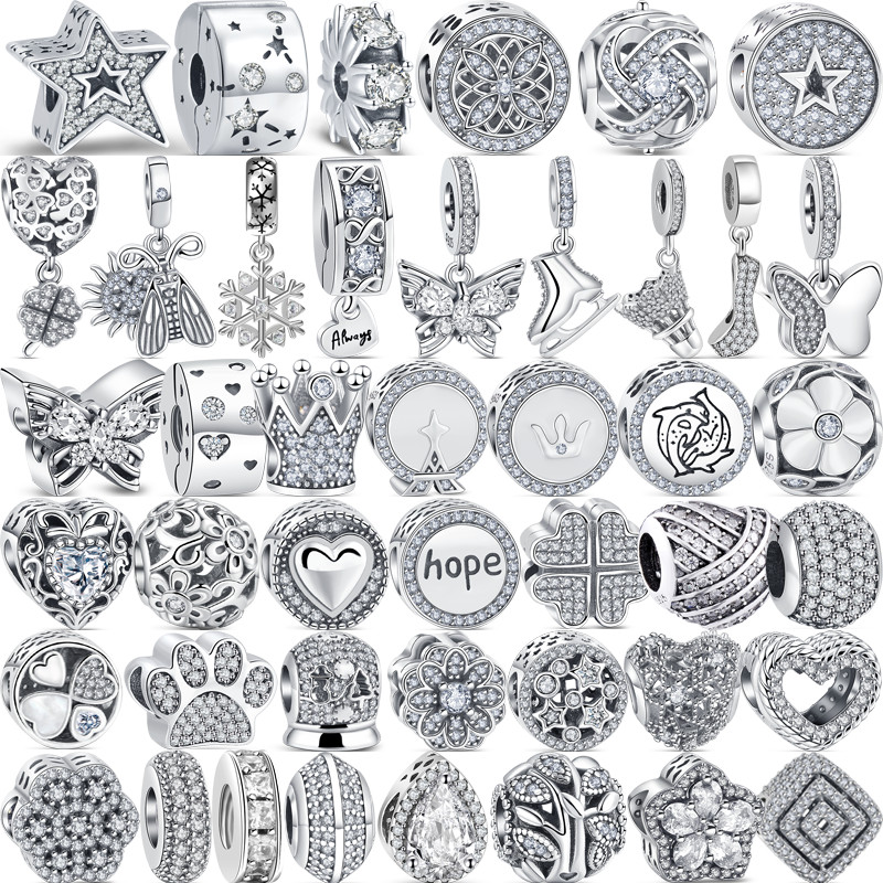 100% 925 Sterling Silver Crown Flowers Heart Pave Shiny Simple Silver Color Beads Fit Original Pando