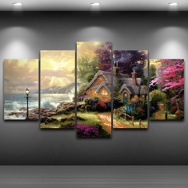 

5 Panel Seashore Cottage Classic Oil Painting HD Print Canvas Wall Art Modular Picture Modern Frame For Living Room Decor