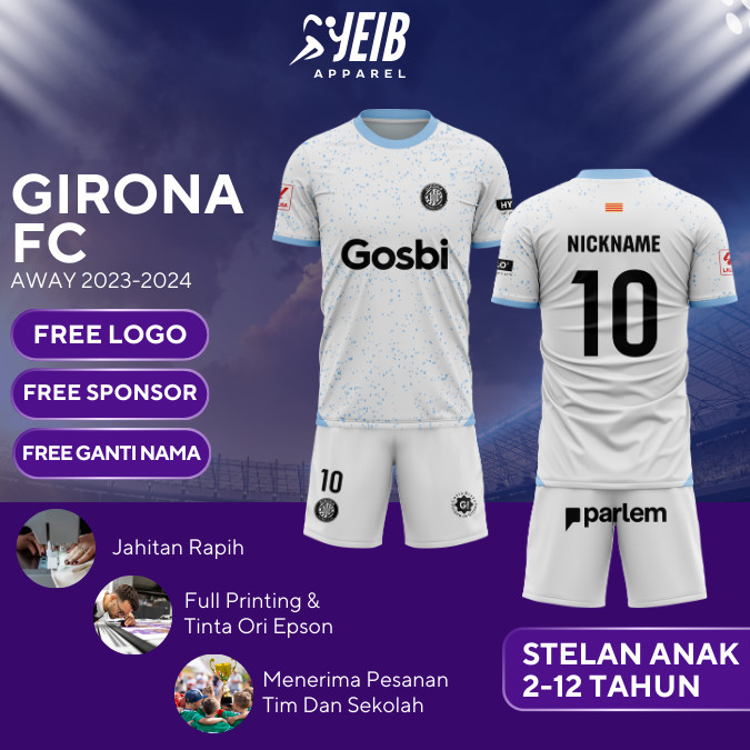 JERSEY BOLA ANAK GIRONA FC AWAY 2023-2024 LIGA UEFA JERSEY BOLA CUSTOM NAMA MURAH CUSTOM NAMA