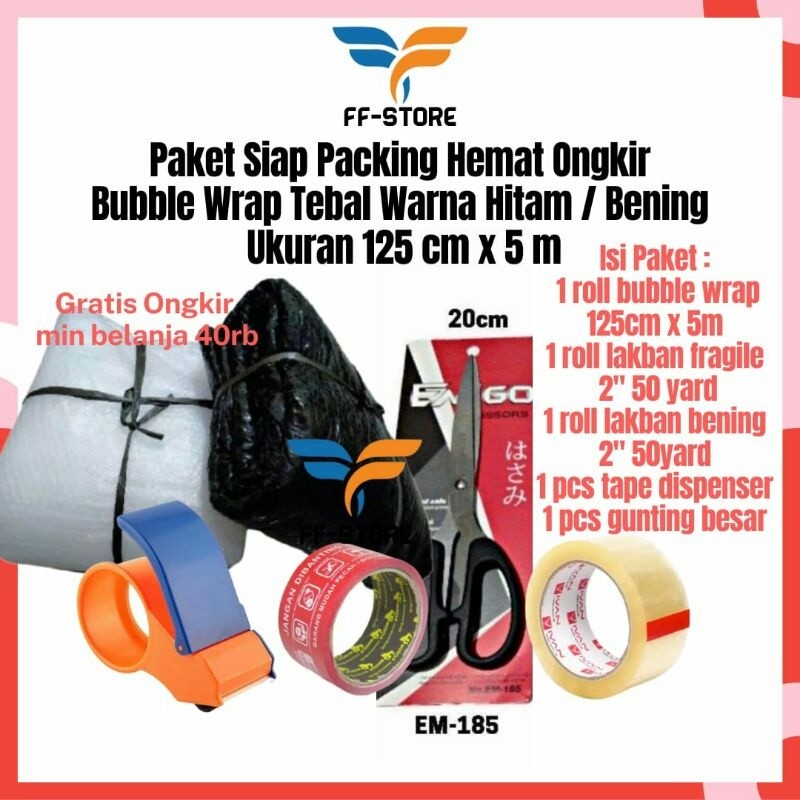 

[5Mx125Cm] Paket Lengkap Bubble Wrap Bandung 125 cm x 5 meter Kualitas Tebal Lakban Bening Lakban Fragile Tape Dispenser Gunting