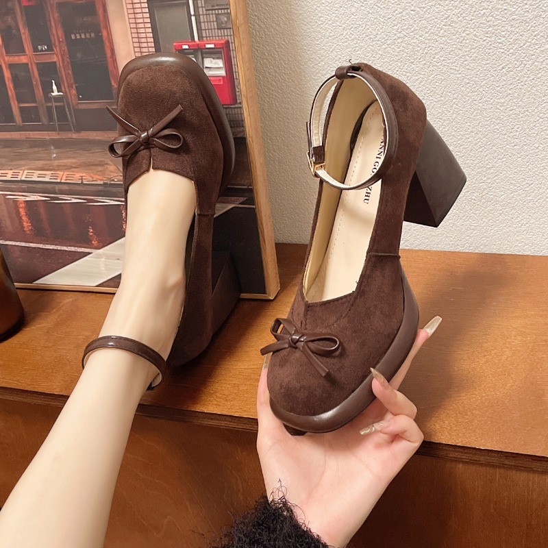 2024 Mary Janes Shoes Vintage Black Sandals Woman Buckle Non-Slip Casual Height Heels Office Ladies 