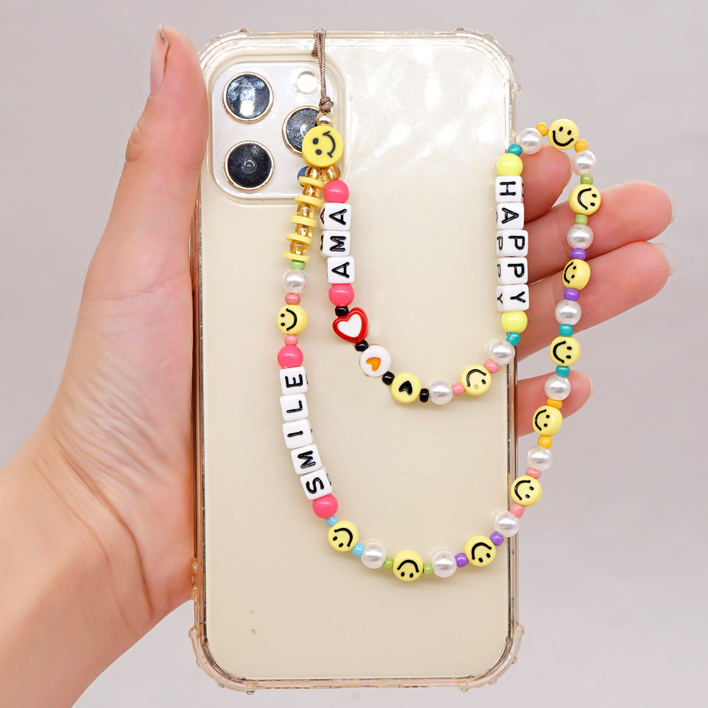 

Go2bohoDiy Love Letters Smile Ball Beads Mobile Phone Charm Lanyard Cute Jewelry Accessories Party Bracelet Telephone Chains for