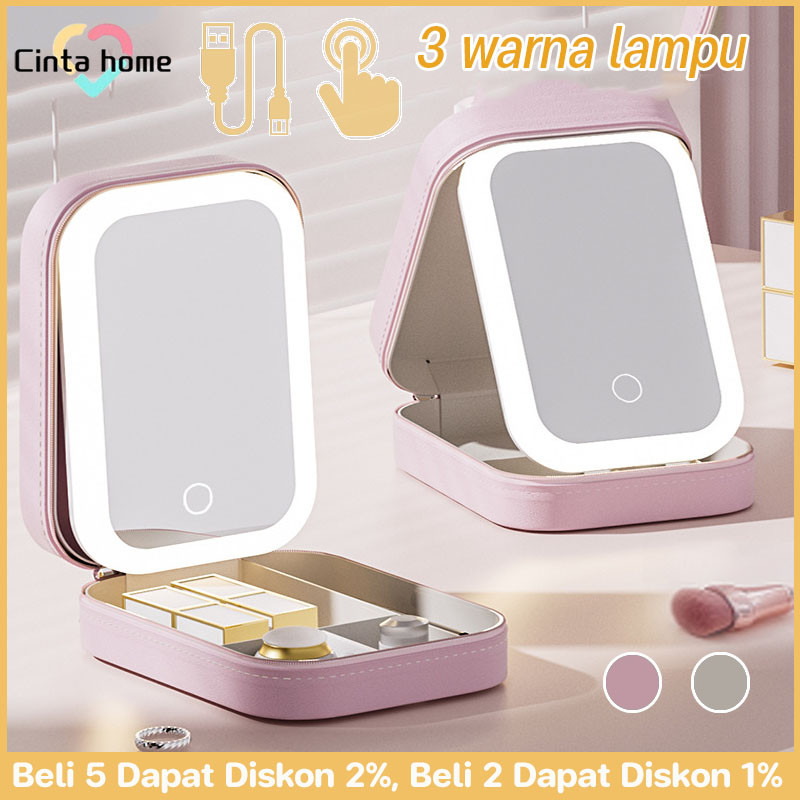 3 Warna Lampu Tas Make Up Kosmetik Tas Kosmetik Beauty Case Mirror Lipat Mini Model Kotak Portabel U