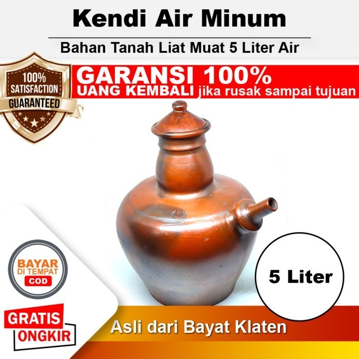 Kendi Tanah Liat Air Minum Teko Gerabah Tradisional - 5 Liter - Labu Tanah Gogok Glogok Kandi Kundi 