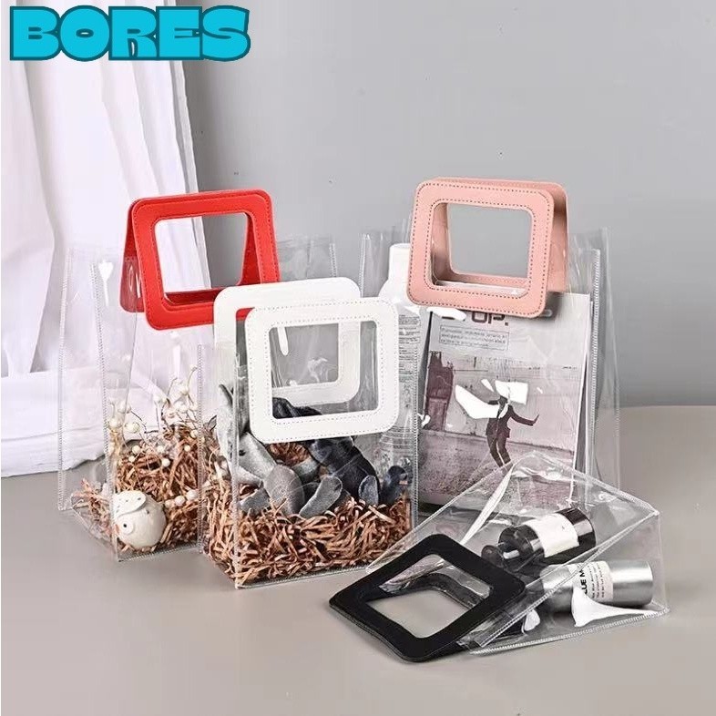 

BORES Tas PVC Hampers Transparant Serbaguna Goodie Bag Handle Leather Mika Handbag Gift Souvenir Murah