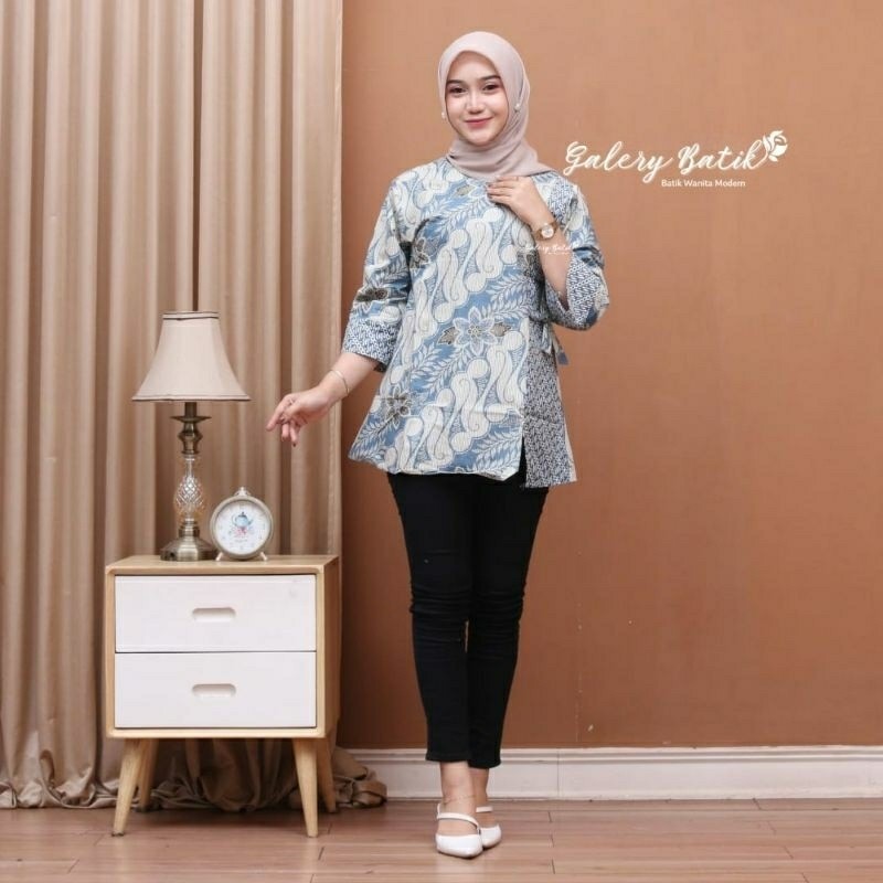 Baju Batik Wanita Lengan Panjang Modern Untuk Kerja Kuliah Guru Sekolah Kondangan Atasan Blouse Moti