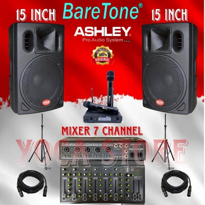 Paket Sound Baretone 15 Inch BT A1530PRO Mixer Ashley 7 Channel 2 Mic