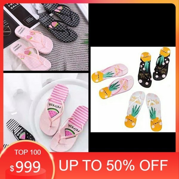 NEW - Sandal Jepit Spon Wanita Motif Buah Nanas Strawberry Semangka - Sendal Jepit Cewek Lucu Murah-