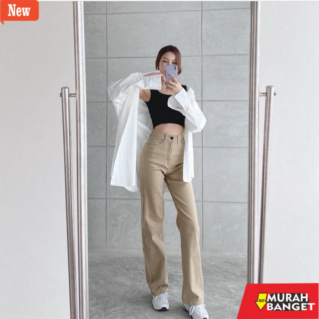 Denim Panjang Wanita Kulot Wanita - Highwaist Kulot Loose Jeans Mocca - Jeans Wanita - Celana Wanita