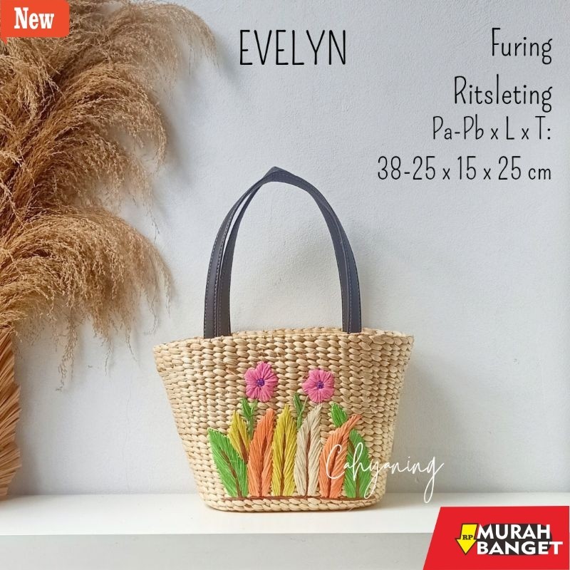 tas jinjing wanita 6. READY EVELYN / Tas Enceng Gondok Sulam Handle Vinyl / Tas Anyaman / Tas Jogja
