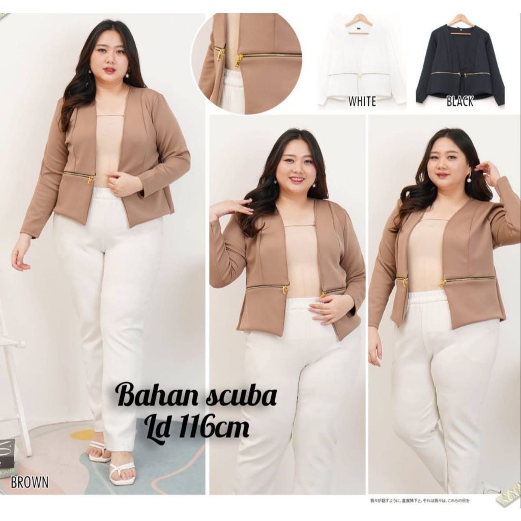 OUTER BLAZER SCUBA JUMBO NO BUTTON VARIASI PINGGANG TWIN ZIPPER LEHER V NECK LENGAN PANJANG PREMIUM 