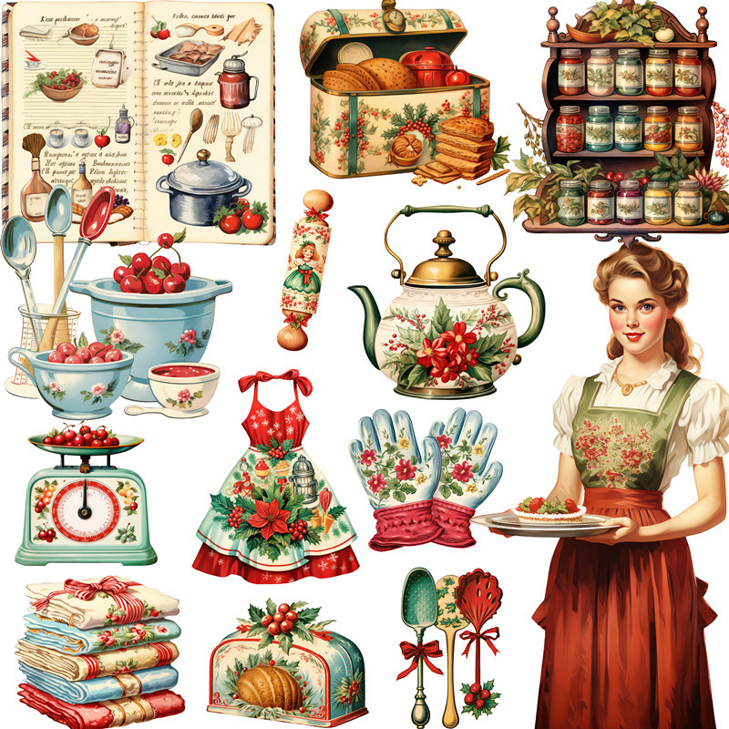 

20Pcs/Pack Vintage Christmas Kitchen Sticker DIY Craft Scrapbooking Album Junk Journal Decorative Stickers