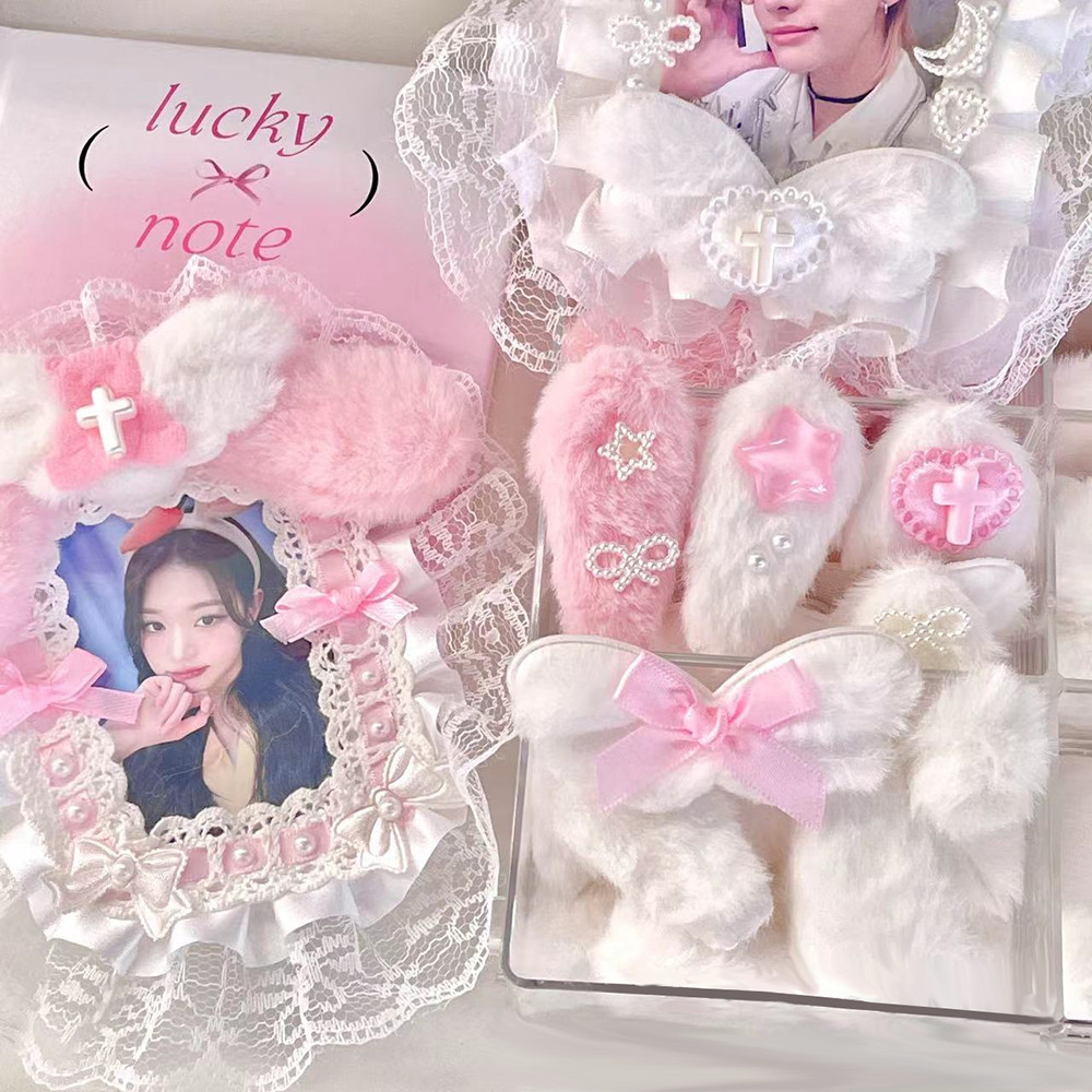 

10Pcs Sweet Plush DIY Photocard Holder Handmade Material Kpop Idol Photo Card Holder Lace Strips Cute Cartoon Ears Accessories