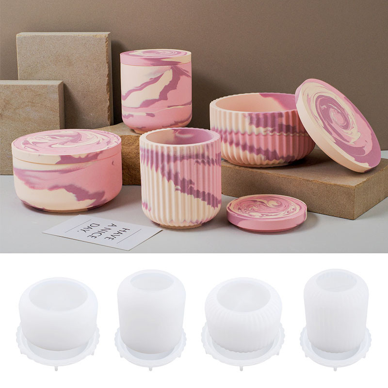 

Concrete Stripe Candle Jar Silicone Mold DIY Round with Lid Craft Ornament Making Plaster Resin Storage Box Molds Vase Mould