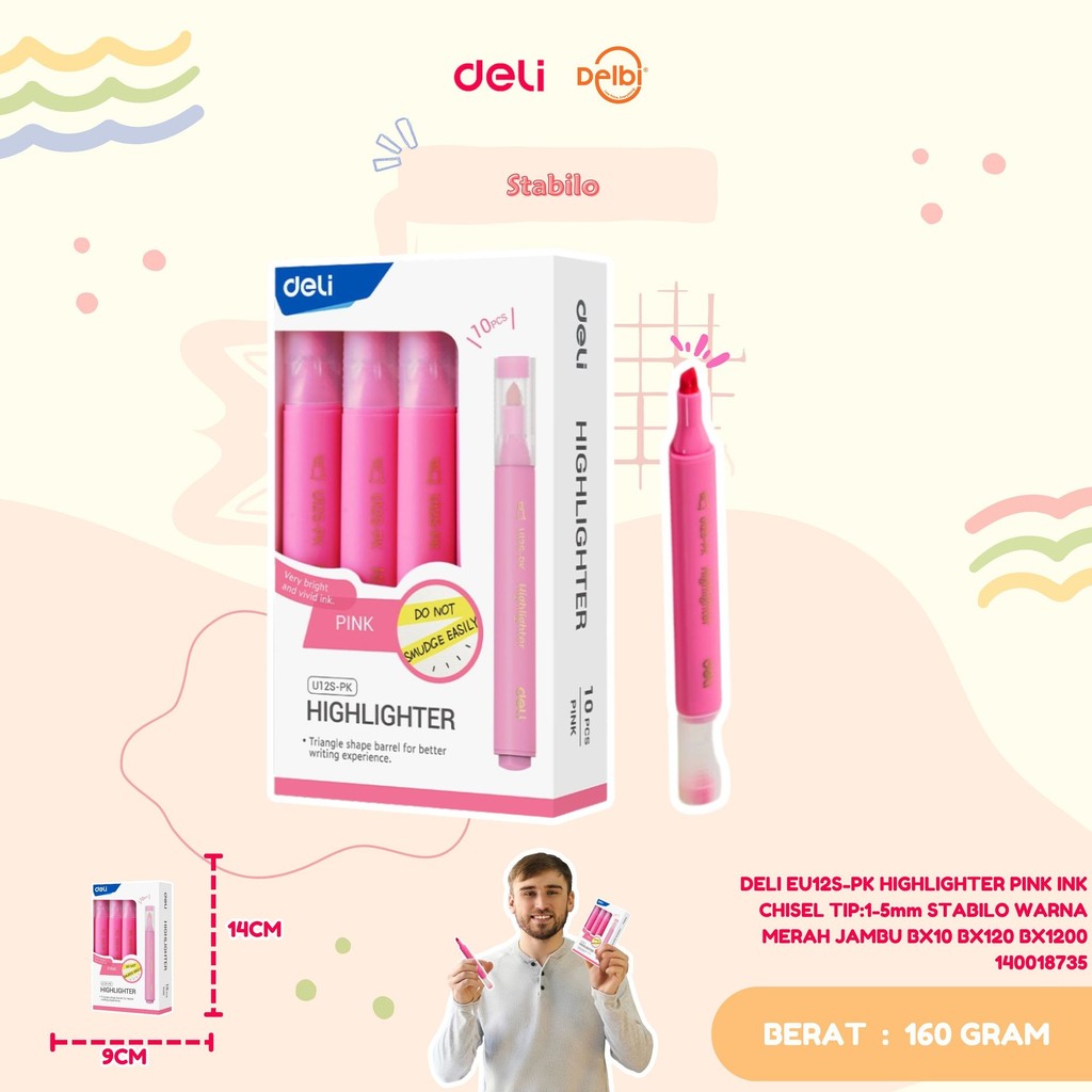 

DELI EU12S-PK HIGHLIGHTER PINK INK CHISEL TIP:1-5mm STABILO WARNA MERAH JAMBU, WARNA HIJAU,WARNA BIRU & WARNA UNGU