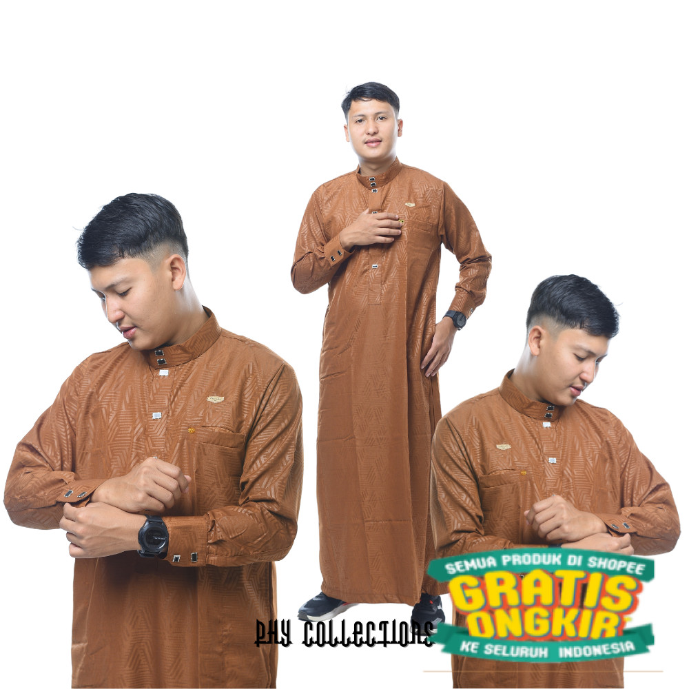 Baju Jubah Gamis Pria Laki Laki Dewasa Cowok Remaja Model Haromain Motif Embos Lengan Panjang Ukuran