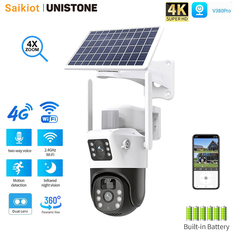 Saikiot V380 Pro 4K 8MP 4G Dual Lens Solar PTZ Camera WIFI Solar Powered CCTV Security Outdoor Water