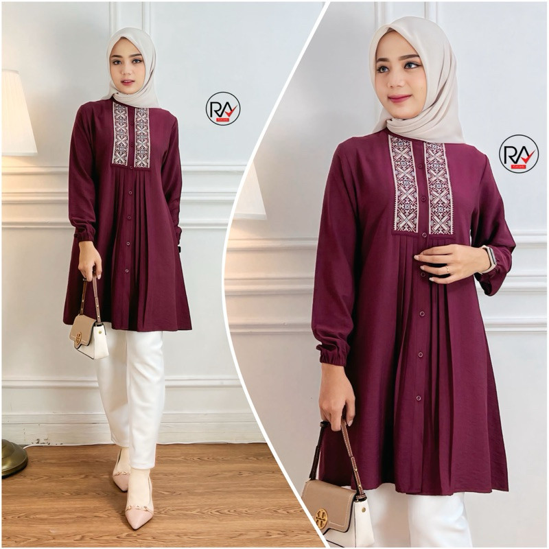 {PROMO RAMADHAN} [RA FASHION] TUNIC DIVA- TUNIK WANITA POLOS BORDIR LINEN CRINKLE PREMIUM